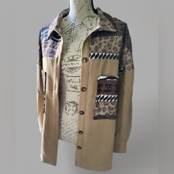 Boho Blouse Oversized Button Down Neutral Animal Print Shacket Jacket - Picture 4 of 5
